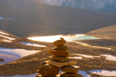 A cairn marks the route along the Iceline Trail, Yoho National Park, British Columbia, Canada
