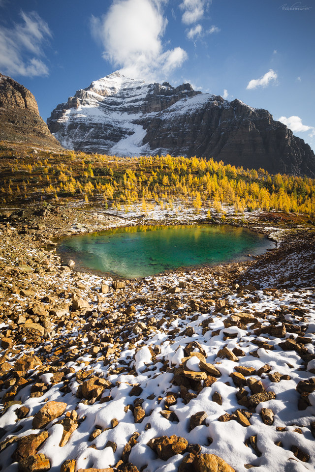 Larch valley and a hidden tarn with mt temple beyond, banff national park