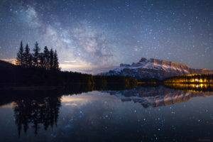 The milky way rising at Two Jack Lake, a great spot in Banff to observe the night sky.