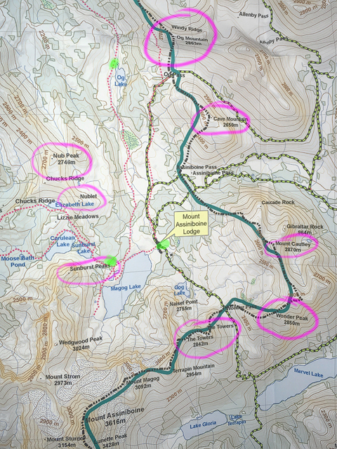 A map of the Mt Assiniboine core area with the elevated viewpoints talked about highlighted.