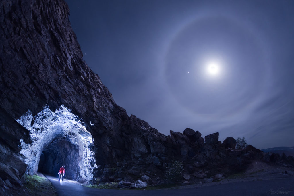 A moon halo at Little Tunnel along the KVR railway in the Okanagan Valley, British Columbia, Canada