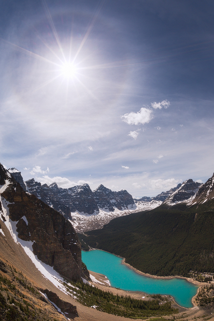 A sun halo above Moraine Lake in Banff National Park from the Tower of Babel viewpoint.