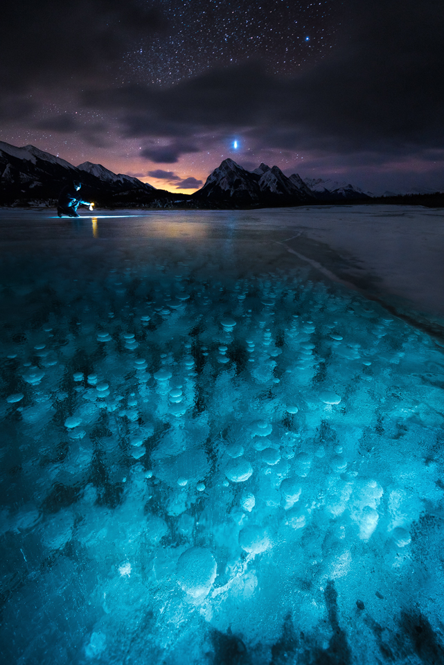Ice bubbles illuminated at night at Preachers Point on Abraham Lake while a figure searches for them with a headlamp in the distance, Kootenay Plains, Alberta, Canada