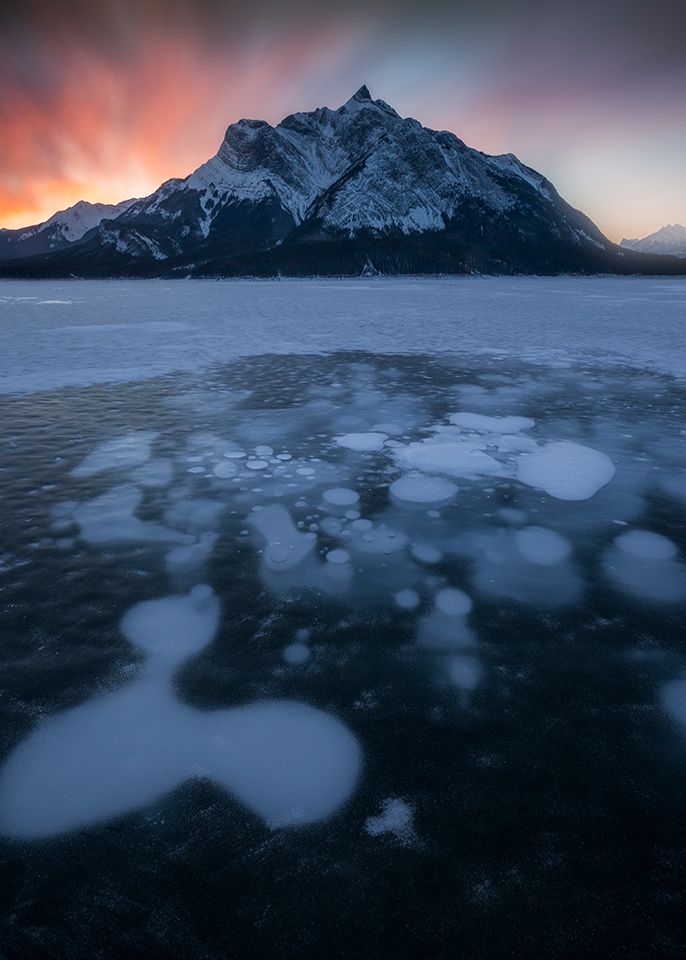 Frozen ice bubbles at the 'Belly of Abraham' on Abraham Lake, Kootenay Plains, Alberta, Canada