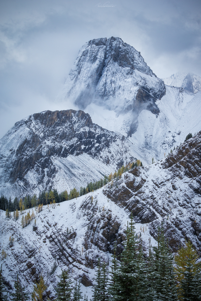 Commonwealth Peak reappearing after a winter snowstorm with a fresh coat of snow in Kananaskis Country, Alberta, Canada
