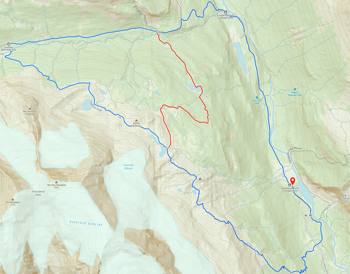 Iceline Trail Loop map with two most common options outlined.